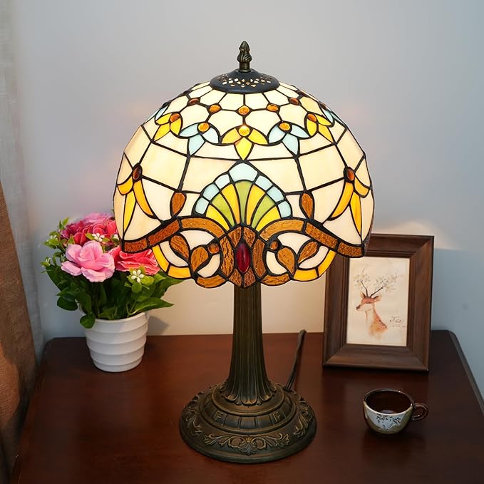 Tiffany Lamp Stained Glass lamp 12 inches Bedside Table Lamps for Living Room Bedroom Dorm Kitchen Home Decor Festival Birthday Gift,Yellow Baroque - Bloomnest