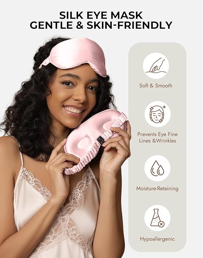 SilkSilky 100% 22 Momme Mulberry Silk Sleep Mask – Upgraded 3D Contoured Eye Mask with Nose Wing Pads & Adjustable Strap, Luxury Blackout Eye Cover for Women & Men (Pink) - Bloomnest