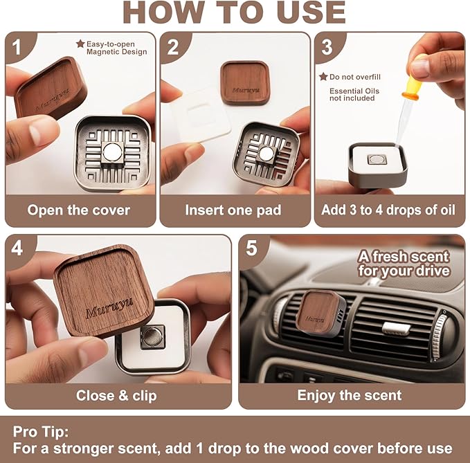Car Diffuser, Walnut Wood & Zinc Alloy with Magnetic Cover, Refillable Car Air Freshener with 2 Refill Pads, Elegant Auto Decor (No Essential Oils) - Bloomnest