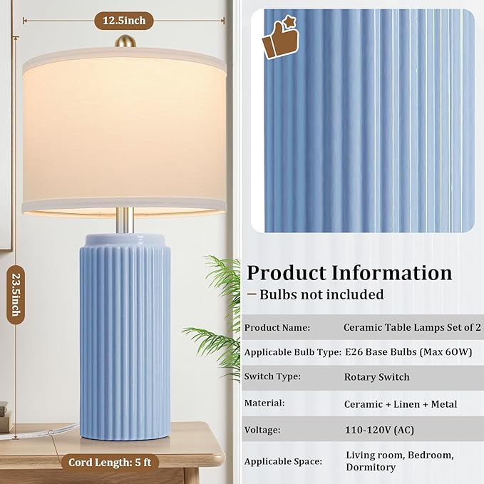 23.5’’ Sky Blue Farmhouse Table Lamps for Living Room Set of 2, Modern Elegant Ceramic Bedside Nightstand Lamps with White Linen Shade for Bedroom, Coastal Lamps Set for Study Home Office - Bloomnest
