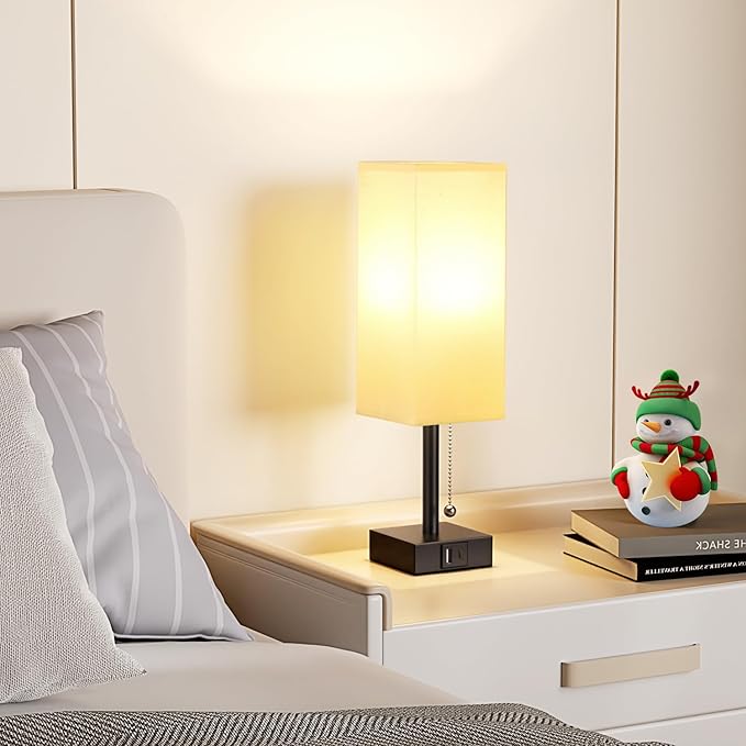 Bedside Table Lamps Set of 2 - Small White Bedroom Lamps with 3 Color Temperatures (3000K/5000K/4000K), Square Nightstand Lamp with USB C + A Charging Ports, Pull Chain Night Light - Bloomnest