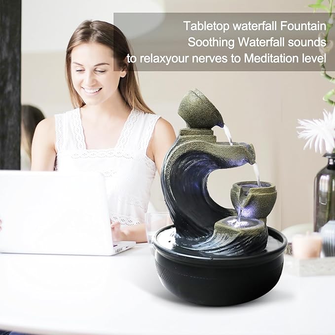Indoor Tabletop Water Fountain with LED Light - 15.7-inch High 4-Tier Desktop Waterfall Fountain for Home Bedroom Office Decor