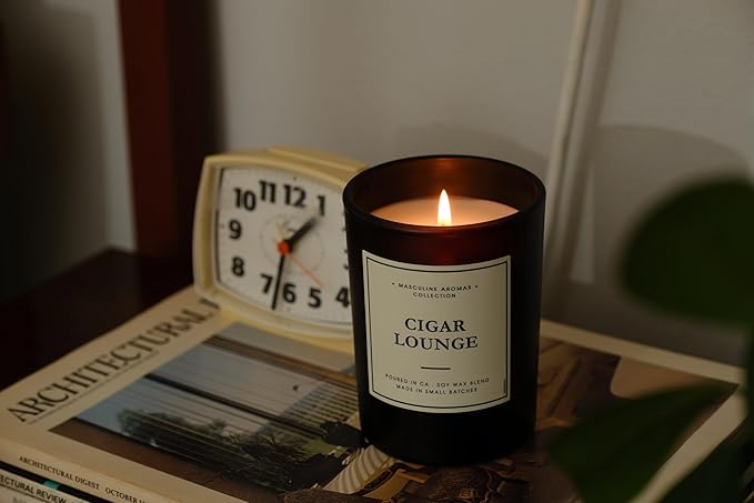 | Masculine Aromas | Small Batch | Soy Wax | 40 Hours | Scented Black Candles with Natural Essential Oils | Vegan (Cigar Lounge) - Bloomnest