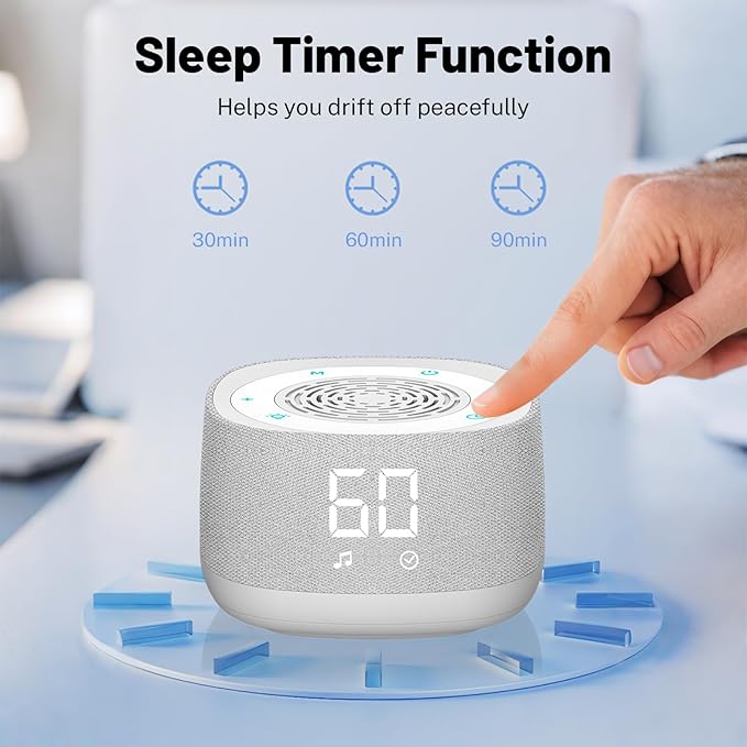 Sound Machine & Clock with Bluetooth 5.4, 14 Soothing White Noise Sounds, Night Light, Sleep Timer, 1000mAh Portable Rechargeable Sound Machine for Adults, Home, Travel, Office (White, Standard Size) - Bloomnest