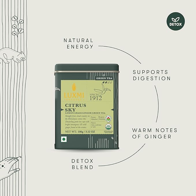 Luxmi Estates Citrus Sky Green Tea 100gm Tin | Certified Organic Darjeeling Green Tea - Bloomnest