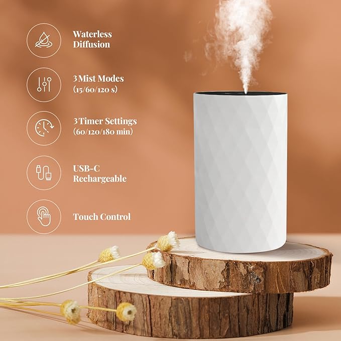 Waterless Diffuser for Essential Oil,Aromatherapy Air Scent Diffuser with 3 Mist Modes and 3 Countdown Timers,Mini Portable Scent Machine for Home,Room,Car,Office,Ivory White - Bloomnest
