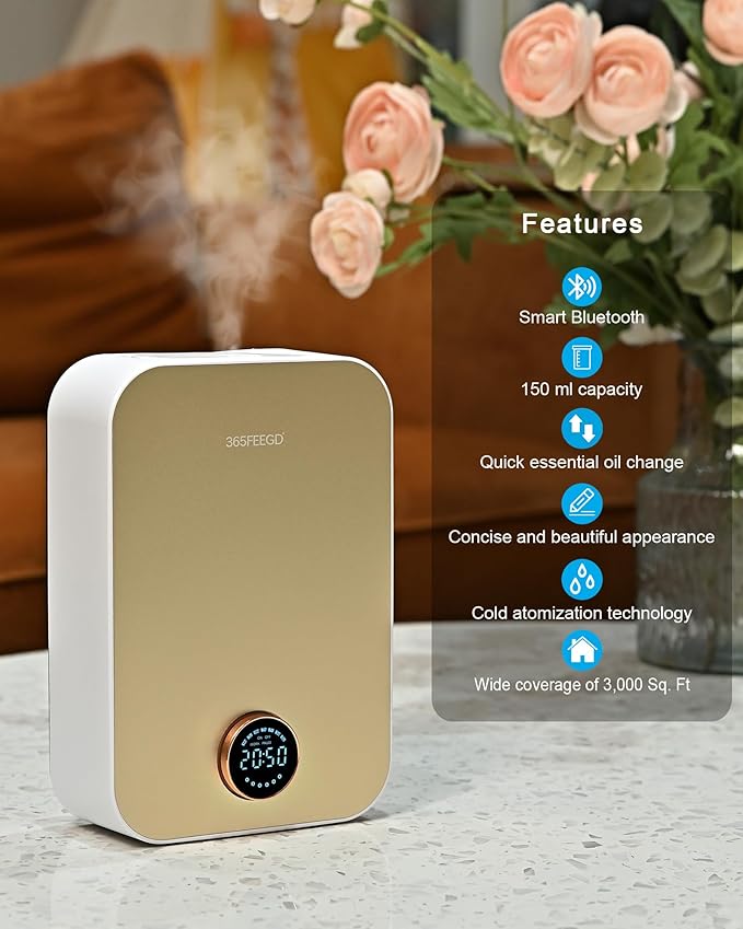 Waterless Oil Diffuser - Pure Essential Oil Diffuser with App Control - 150ml/1700 Sq.Ft. Coverage for Effective Aromatherapy in Home/Office/Hotel (White Gold-Rotary Edition) - Bloomnest
