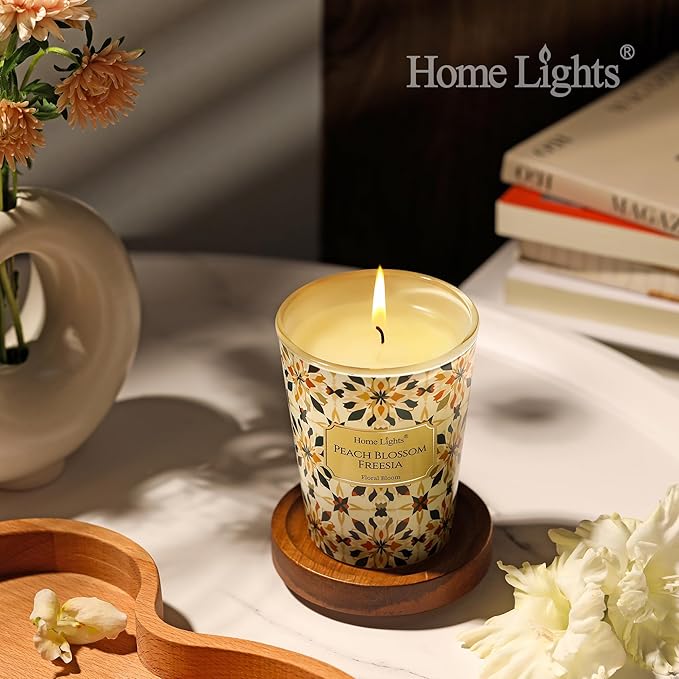 HomeLights Scented Candles for Women & Men, 6.7oz Candle Jars Aromatherapy Single Wick Candle, Ideal for Bohemian Natural Textures Home Decor and Gifts, Peach Blossom Freesia - Bloomnest