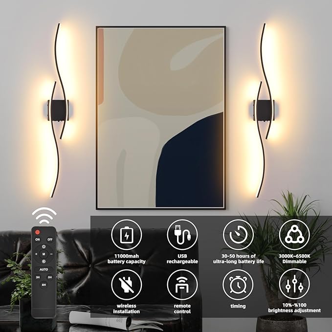 Battery Operated Wall Sconces Set Of Two, 3000K-6500K 39 inch black LED dimmable wireless wall sconce with remote control, USB rechargeable wall lights for Living Room Bedroom Hallway Background - Bloomnest