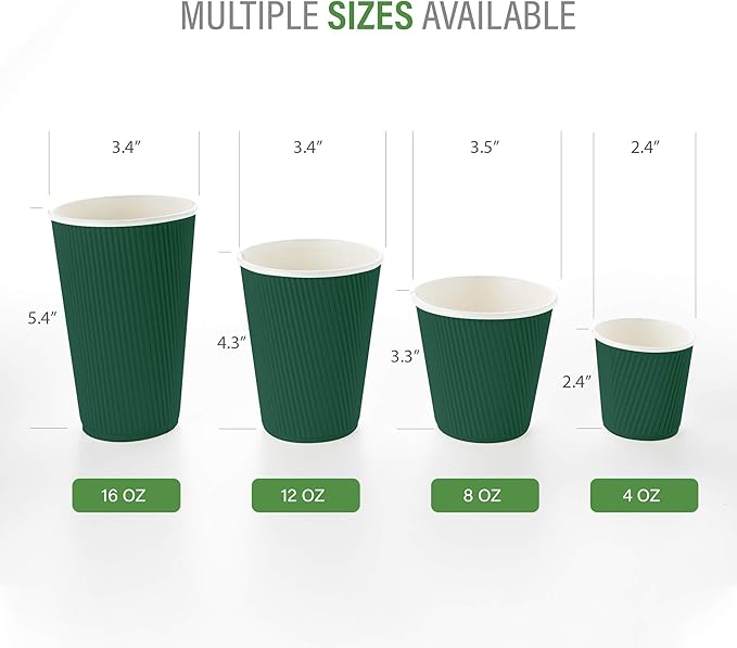 Restaurantware-12 Ounce Disposable Coffee Cups, 500 Ripple Wall Hot Cups For Coffee - Lids Sold Separately, Rolled Rim, Forest Green Paper Insulated Coffee Cups, For Hot Coffee, Tea, And More - Bloomnest