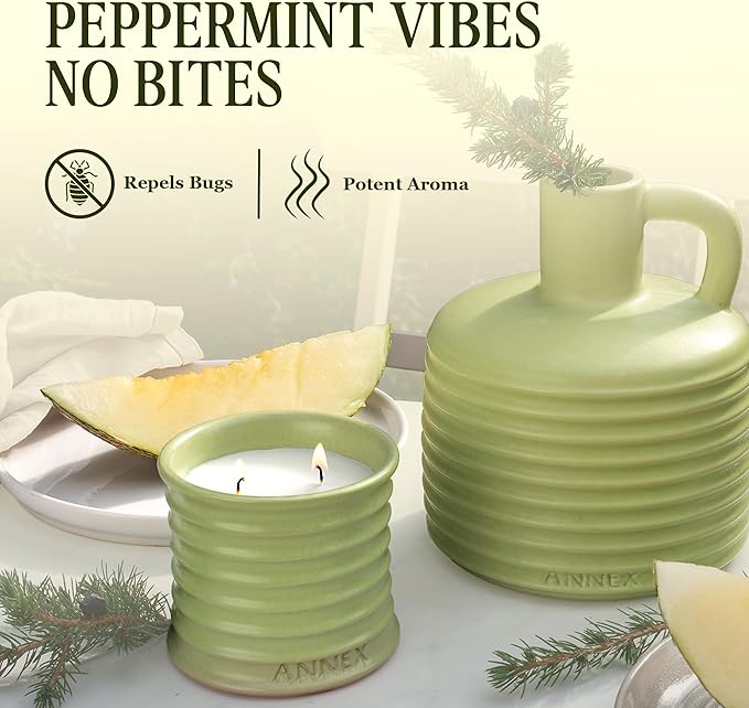 Scented Luxury Candles Outdoor Mosquito Bug Repellent Ceramic Jars, Soy Wax | The Green Life, Large Natural Candle - Green Melon & Peppermint | Non Toxic, 2 Wicks, Reusable Jar - Bloomnest