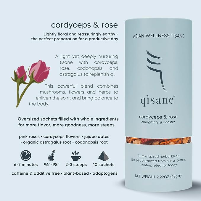 qìsane Cordyceps Tea Bags with Dried Rose Buds - Adaptogenic Cordyceps Mushroom Flowers, Dried Roses, Astragalus Root & Codonopsis Root Helps Boost Qi & Balance Body & Spirit - 10 sachets (~30 cups) - Bloomnest