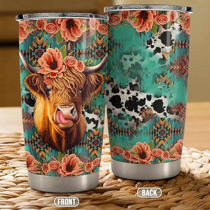 Highland Cow Tumbler 20oz Stainless Steel Insulated Coffee Travel Mug Cup for Women Girls Cows Lovers Cow Gifts for Birthday Christmas Mothers Day - Bloomnest