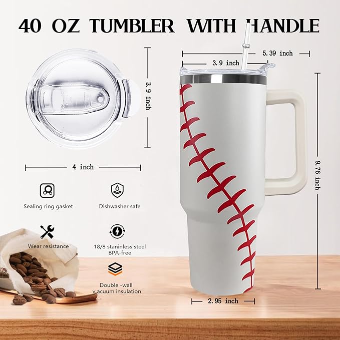 Ceovfoi 40 Oz Baseball Tumbler With Handle,Baseball Coffee Travel Mug Cup Water Bottle,Baseball Decor,Baseball Gifts for Women - Bloomnest