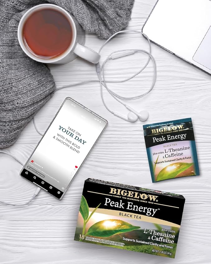 Bigelow Tea Peak Energy plus extra L-Theanine & Caffeine, 18 Count (Pack of 6), 108 Total Tea Bags - Bloomnest