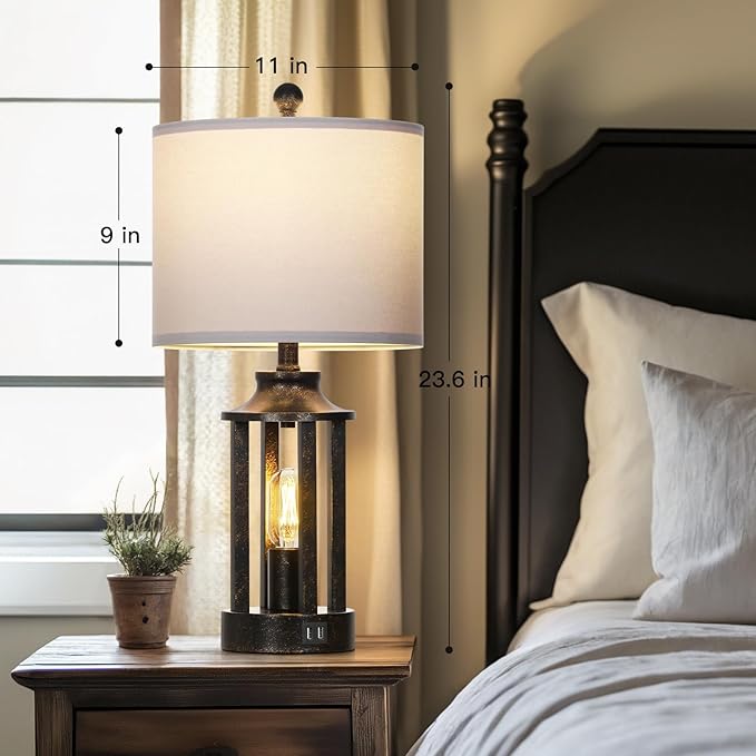 Farmhouse Table Lamps Set of 2, Vintage Living Room Lamps with 2 USB Ports, 3 Way Dimmable Touch Control Bedroom Lamp with 2 LED Nightlight, 23.5" Bedside Lamp for Nightstand Side End Table, Bronze - Bloomnest