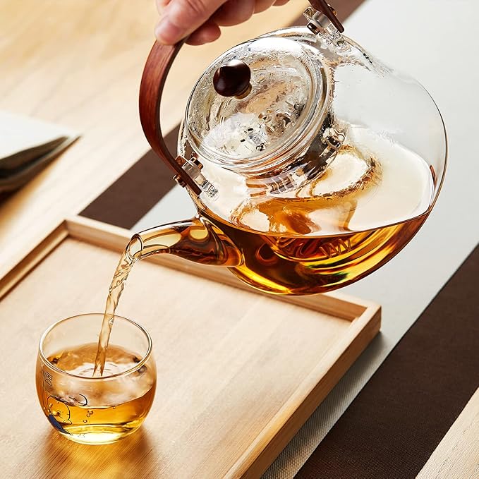 40oz Glass Teapot with Anti-Drip Spout, Peach Wood Handle and Lid, Heat-Resistant Borosilicate Glass, Dual Infusers for Steaming and Boiling - Bloomnest