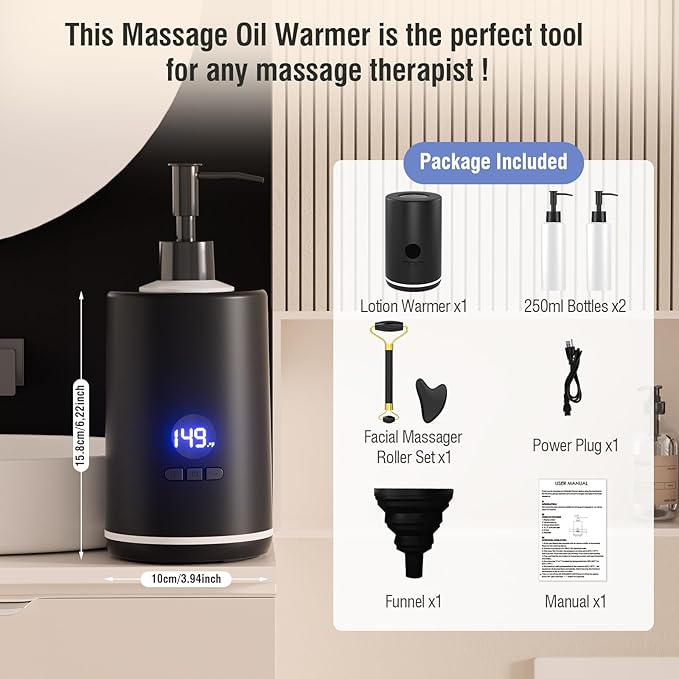 Massage Oil Lotion Warmer, Massage Oil Heater for SPA Massage Therapy and Personal Use, Portable Body Oil Warmer Dispenser with Two Massage Bottles, Adjustable Temperature(86-149°F), Black - Bloomnest