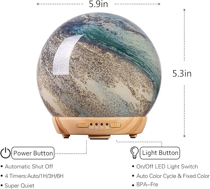Moon Essential Oil Diffuser, Glass Cool Mist Humidifier with 4 Timer,7 LED Colors and Waterless Auto Shut-Off Settings for Baby Home Office (250ml) COOSA