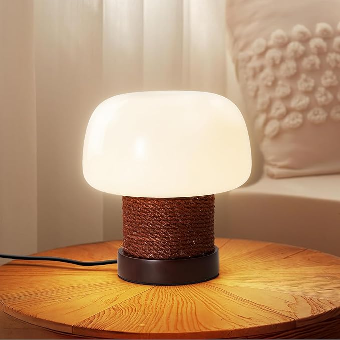 Small Table Lamp for Bedroom-Wooden Base Mushroom Table Lamps,Milky White Glass Shade,Three Adjustable Color Temperatures Modern Cute Unique Side Table and Desk Lighting(H 7.4 in) - Bloomnest