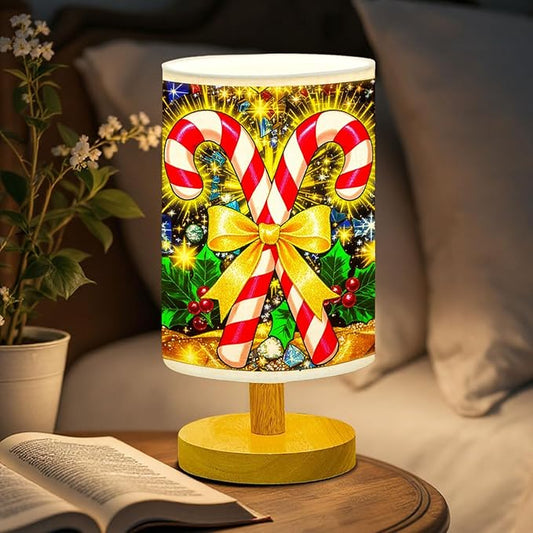 Candy Canes Table Lamp LED 3-Color Pressed Bedside for Merry Christmas, Candy Canes Shade Christmas Table Lamp with Wood Base for Bedroom Living Room Desk Office - Bloomnest