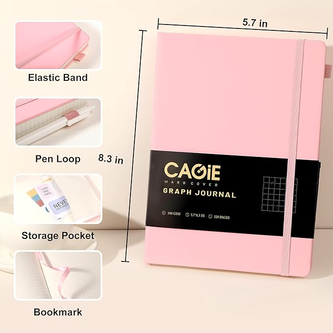 CAGIE Graph Paper Notebook 320 Pages 100 GSM Graphing Grid Journal B5 Hardcover Leather Quad Ruled Notebooks for Engineering, Math, Work, Pink - Bloomnest