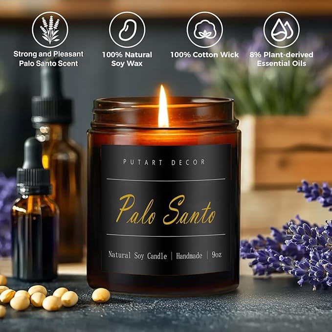 Palo Santo Highly Scented Candle for Home, 9oz Natural Soy Aromatherapy Non Toxic Candles with Essential Oil, Home Fragrance Stress Relief & Meditation Jar Candles Gifts for Women & Men - Bloomnest