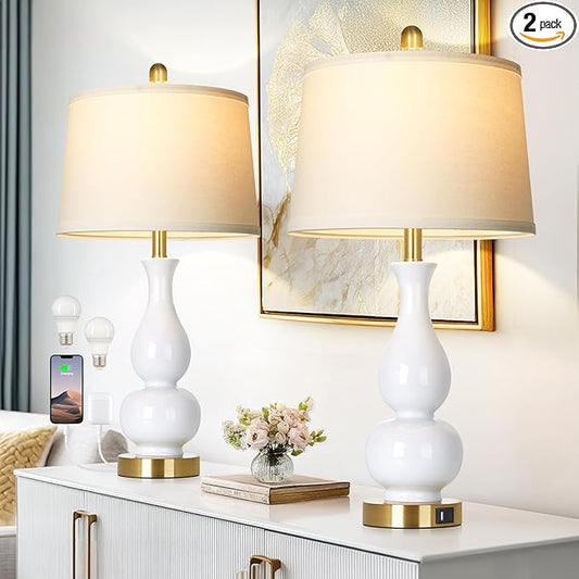 27" Double Gourd Ceramic Table Lamps Set of 2, Modern White Bedroom Lamp with USB A+C Ports, Elegant Bedside Lamp for Nightstand, Tall Lamps for Living Room Side End Table Home Decor - Bloomnest
