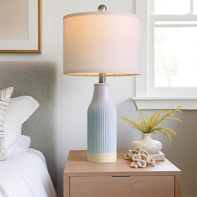 23.75inch Light Blue Modern Ceramic Bedside Lamp Set of 2 for Bedroom Decor Farmhouse Table Lamp for Living Room Office Dorm - Bloomnest