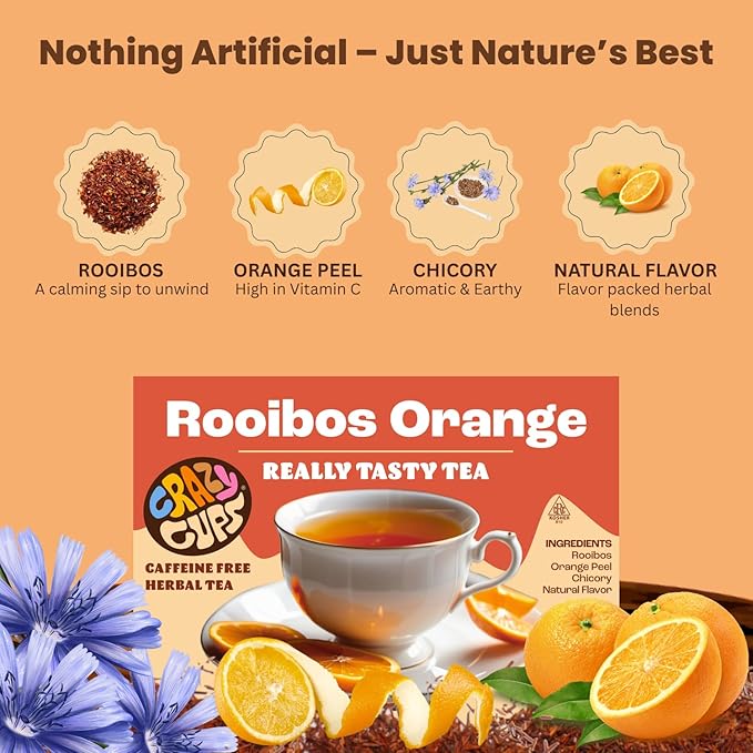 Crazy Cups Rooibos Orange Herbal Tea Pods, 22 Count | Naturally Caffeine Free, Kosher Certified, Zesty Orange & Rooibos Blend, K Cup Compatible, Gluten Free, Vegan, Relaxing Herbal Tea - Bloomnest