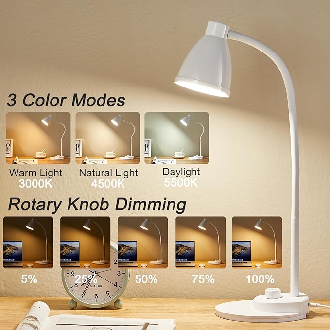 BOHON LED Desk Lamp with USB Charging Port, 3 Color Modes Dimmable Reading Lamp, Auto Dimming Task Lamp, Flexible Gooseneck Table Light for Dorm Bedside, Adapter Include, White - Bloomnest