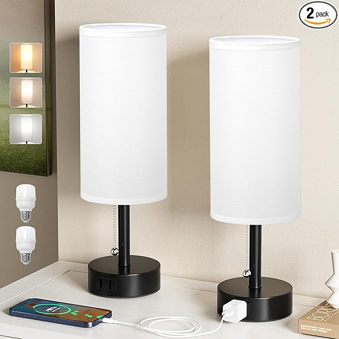 Fenmzee White Bedside Table Lamps Set of 2-3 Color Temperatures Pull Chain Lamp with AC Outlet Charging Port, Round Night Stand Lamps for Bedroom Office, Small Bed Side Light with E26 LED Bulbs - Bloomnest