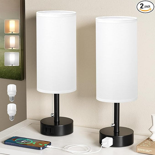 Fenmzee White Bedside Table Lamps Set of 2-3 Color Temperatures Pull Chain Lamp with AC Outlet Charging Port, Round Night Stand Lamps for Bedroom Office, Small Bed Side Light with E26 LED Bulbs - Bloomnest