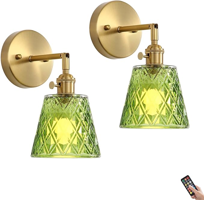 2 Pack Vintage Battery Operated Wall Sconces, Flower Green Lampshade & 180 Degree Adjustable, Wireless Rechargeable RGB Wall Light with Remote Control, for Bedroom Living Room Hallway Aisle - Bloomnest
