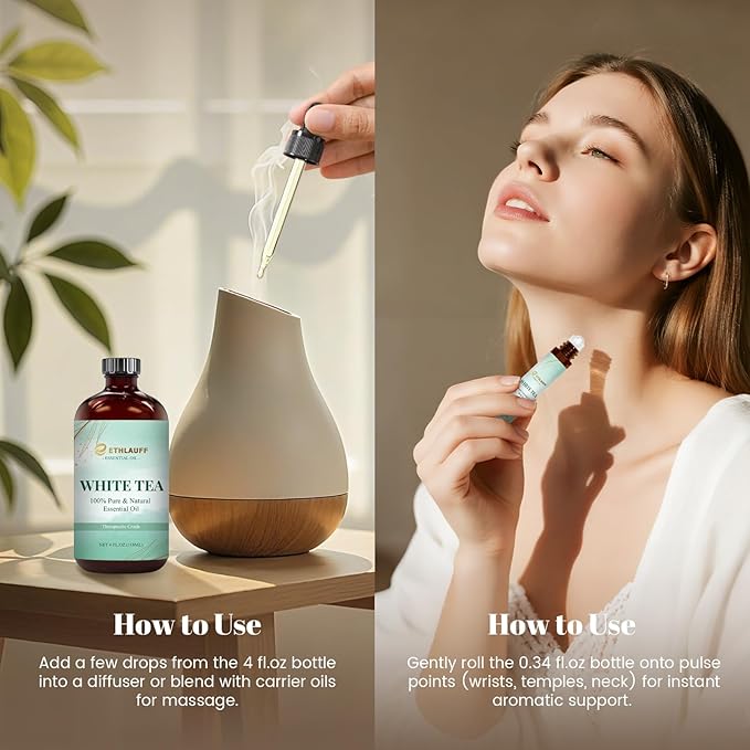White Tea Diffuser Oil - White Tea Essential Oils for Diffuser Refill & Air Freshener Room Spray, Long-Lasting, Natural Home Fragrance and Scent for Diffusers(4 fl.oz Bottle + 0.34 fl.oz Roll-On) Ethlauff