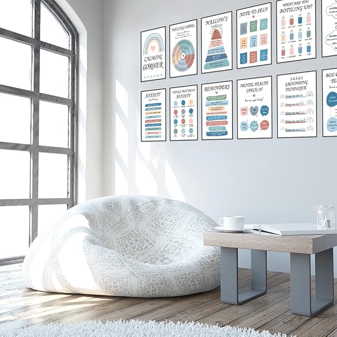 Qaxrocyn 12 Pcs Mental Health & Emotional Regulation Poster for Anxiety Relief & Self Care, 10 * 14″ Colorful Psychological Wellness Wall Art Decor for Office Classroom Home Counseling (Style C) - Bloomnest