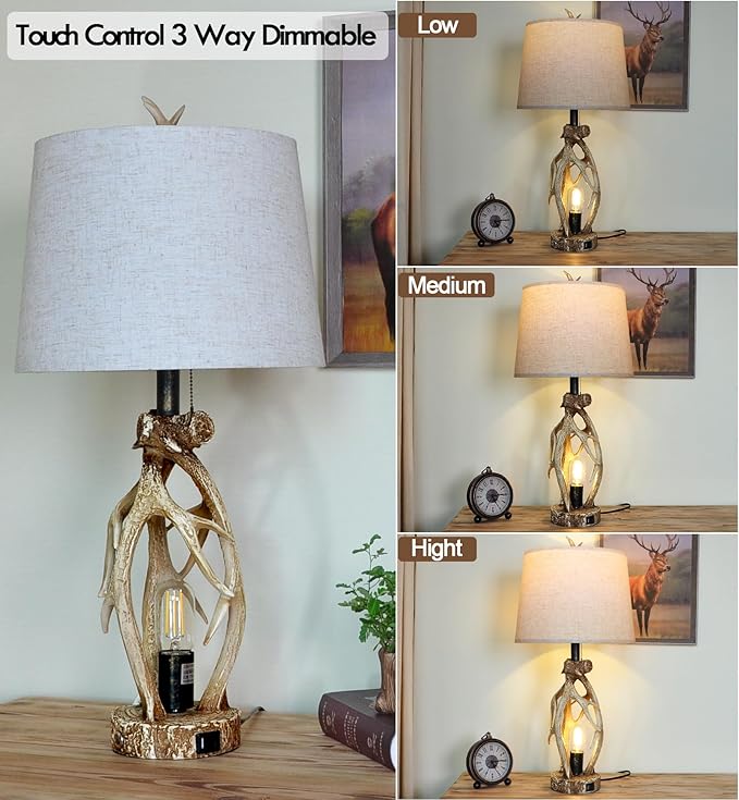 28" Touch Rustic Antler Table Lamps Set of 2 for Bedroom, 3 Way Dimmable Farmhouse Nightstand Lamps with USB + Type C Ports, Bedside Deer Lamp for Living Room End Table Cabin Decor (Included 4 Bulbs) - Bloomnest