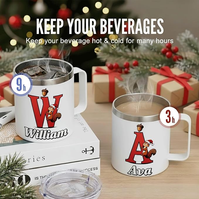 JugJug Personalized Christmas Squirrel Mug with Initial & Name - Cute 12oz Insulated Coffee Cup with Lid - Holiday Xmas Gifts for Kids, Girls (B171) - Bloomnest
