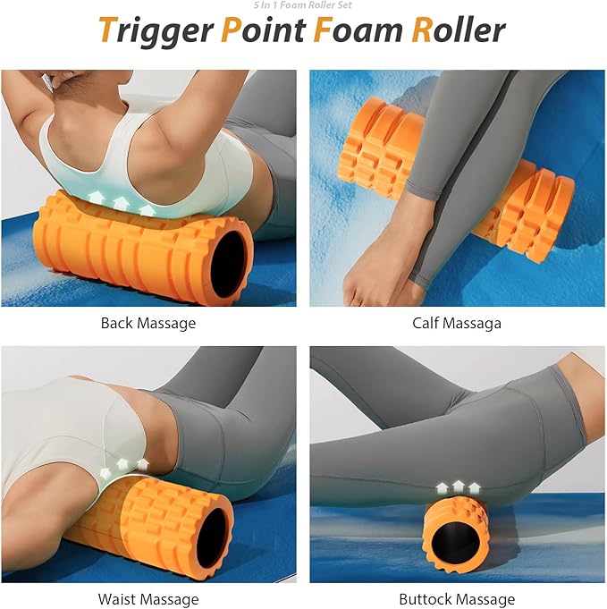 5 in 1 Foam Roller Set for Deep Tissue Muscle Massage, Trigger Point Fitness Exercise Foam Roller, Massage Roller, Massage Ball, Stretching Strap, for Whole Body(Orange-Black) - Bloomnest