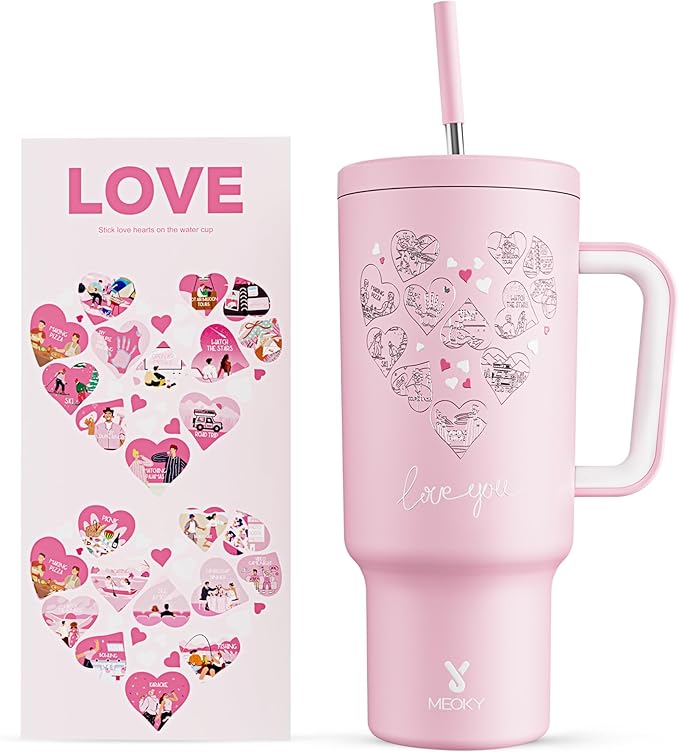 Meoky 40 oz Tumbler with Handle for Couples: Stainless Steel Insulated Tumbler with 24 Waterproof Love Stickers - Girlfriend Boyfriend Wife Husband, Love You - Bloomnest
