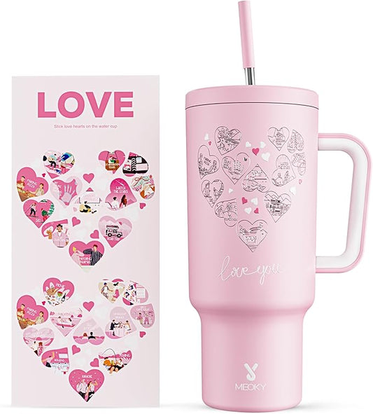 Meoky 40 oz Tumbler with Handle for Couples: Stainless Steel Insulated Tumbler with 24 Waterproof Love Stickers - Girlfriend Boyfriend Wife Husband, Love You - Bloomnest