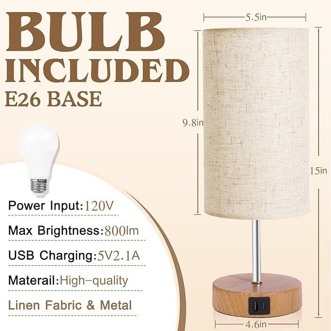 Bedside Table Lamp for Bedroom - 4 Way Dimmable Touch With USB and Type-C Charge Port, Small Wood Base Round Flaxen Fabric Shade for Living Room (Yellow Color Base) - Bloomnest