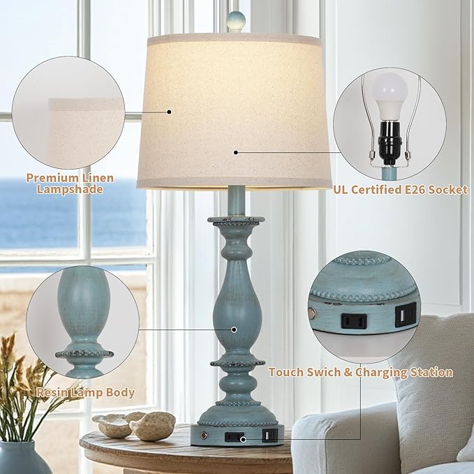 28" Tall Coastal Table Lamps for Living Room Set of 2, Farmhouse Rustic Blue Bedside Touch Lamp with USB C+A Ports & Outlet, 3-Way Dimmable Resin Nightstand Lamps for Bedroom Side End Table - Bloomnest