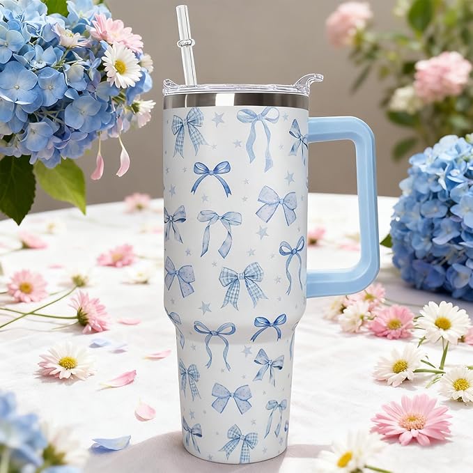 Ceovfoi 40 Oz Blue Bow Tumbler With Handle, Blue Bow Decor Coffee Travel Mug Cup Water Bottle, Gifts for Women Girls - Bloomnest