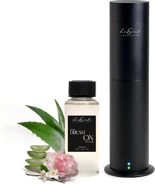 Aroma Scent Diffuser Starter Kit for Up to 1000SQ. FT. Coverage - 120ML Waterless Essential Oil Scent Included - Luxury Aroma Diffuser Ideal for Home, Office & Hotel (Black, Dream On) - Bloomnest