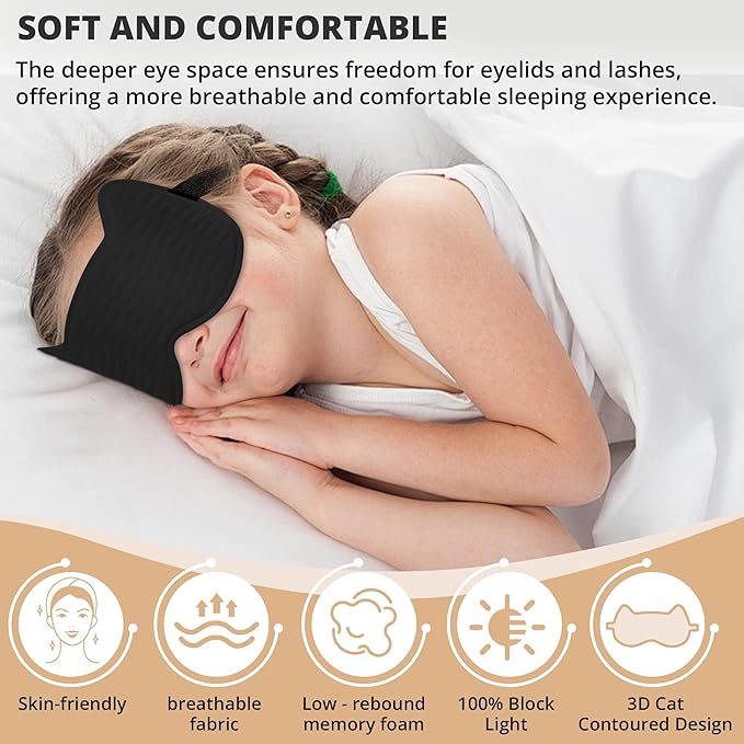 3D Kids Sleep Eye Mask: 3D Contoured Cup Sleeping Masks, Blindfold Sleep Eye Cover with Adjustable Strap, Memory Foam Lightweight Night Eyeshade for Boys Girls Teens (Black) - Bloomnest
