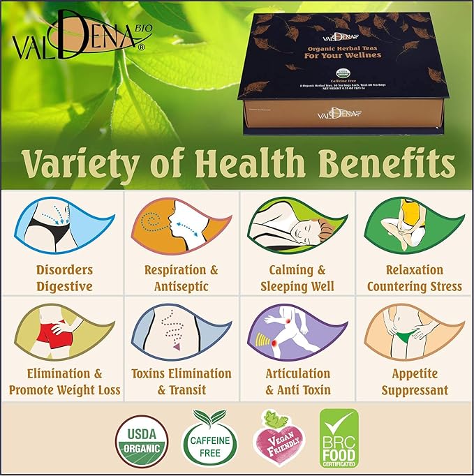 Valdena Bio Organic Herbal Teas for Your Wellness Tea Sampler Gift 8 Flavors Assorted Tea Sets 64 Individually Wrapped Tea Bags Caffeine Free Variety Pack Christmas Tea Gift for Tea Lovers - Bloomnest