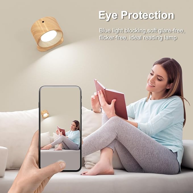 3Pack Battery Operated Wall Sconce, 3 Color Modes 3 Brightness Levels 360°Rotation Lighting Timer Touch & Remote Control, Wall Mounted Lamp LED Wall Lights for Bedroom Reading Bedside (Wood) - Bloomnest