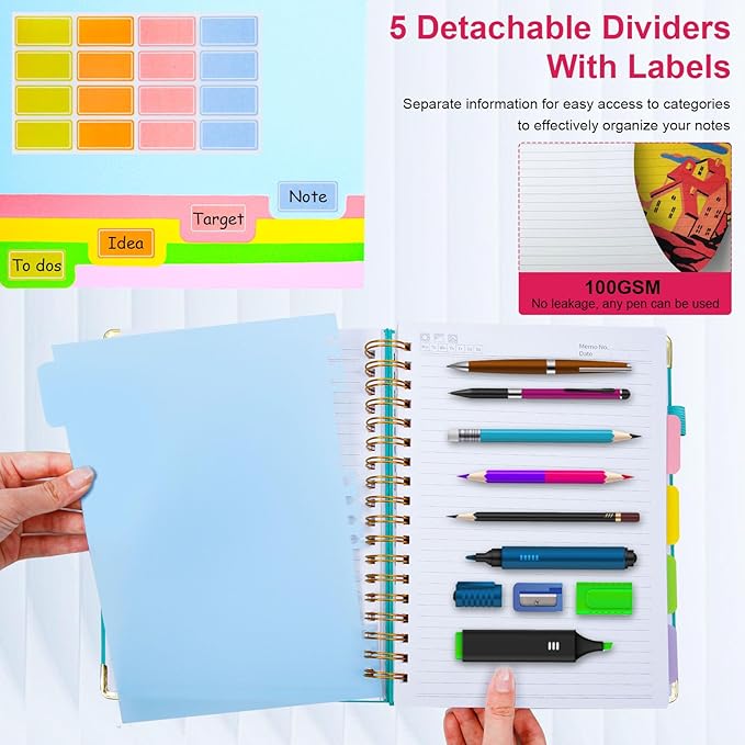 Hardcover Spiral Notebook 8.5"x11" Journal Notebook with Tabs and Removable Dividers 300 Pages 5 Subject Notebook College Ruled, Faux Leather Spiral Bound Notebook for Women School Work (Rose Red) - Bloomnest