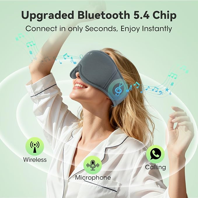 3D Bamboo Cotton Sleep Mask with Bluetooth 5.4 Headphone, Music Wireless Bluetooth Blackout Eye Mask for Side Sleepers, Earphones HD Speaker Microphone for Travel, Gifts for Women Men, Grey - Bloomnest